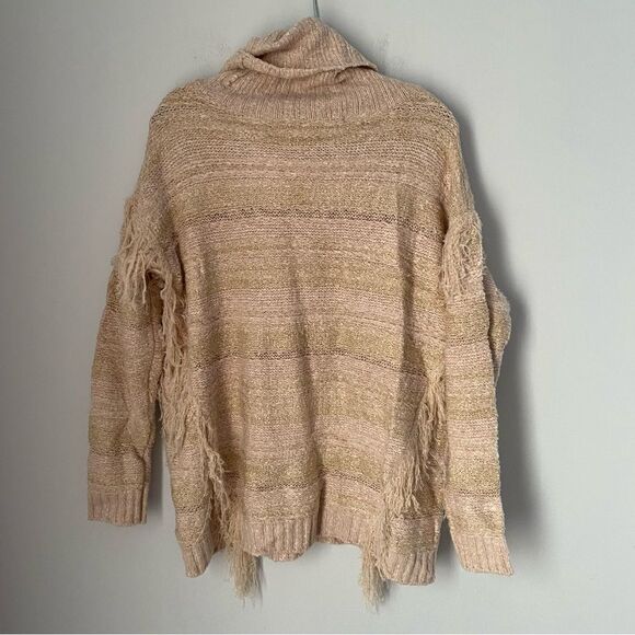 Kensie Women’s Fringe Detail Thick Knit Cowl Neck Cream Color Sweater size L - Picture 2 of 3